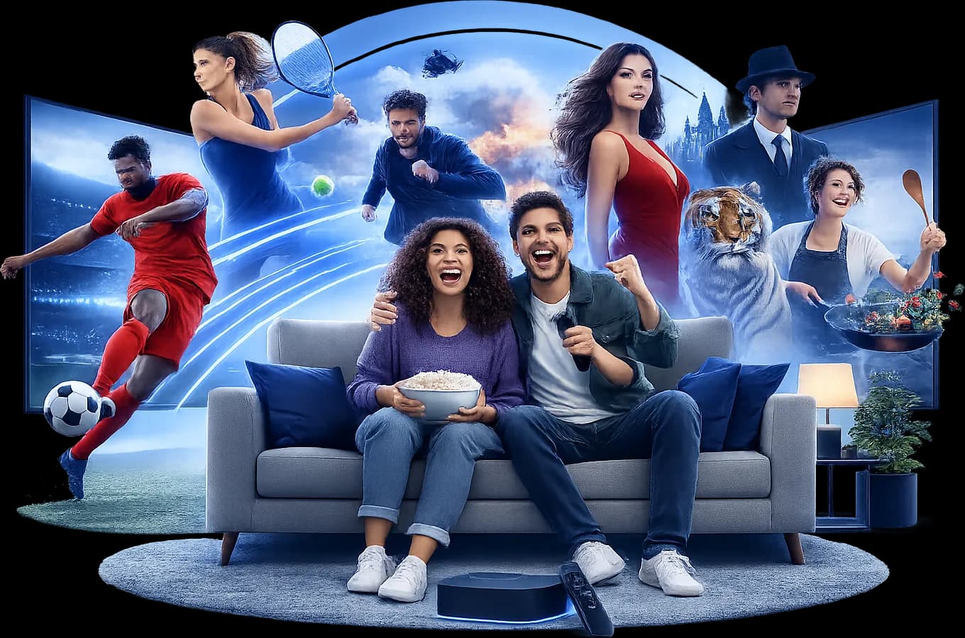 A couple cheering on a sofa beside a streaming box, surrounded by live football, tennis, action movies, drama, nature documentaries and cooking shows on two TVs