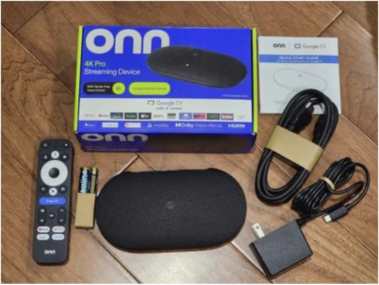 Google TV home screen on ONN 4K Pro showing Netflix, Prime Video, Disney+, Hulu and more apps